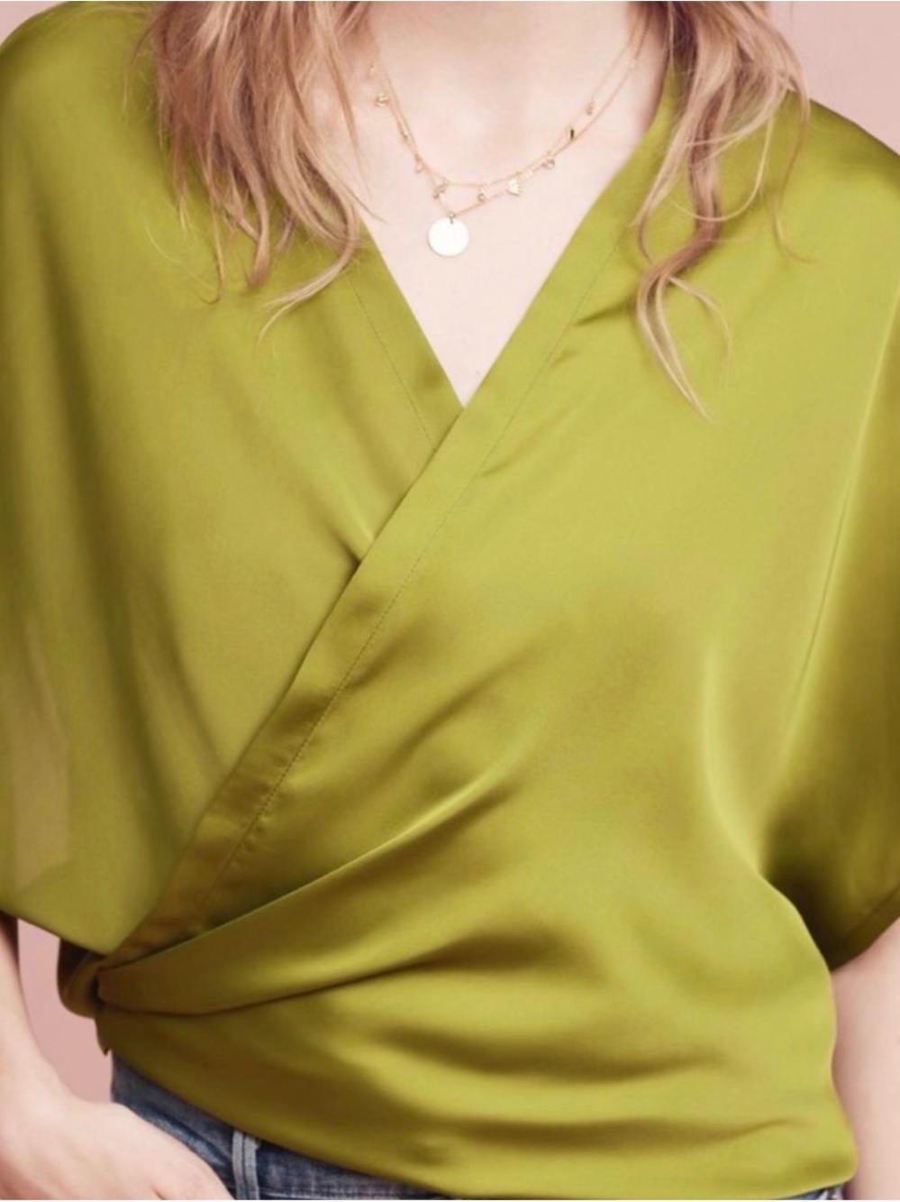 Anthropologie Moulinette Soeurs Satin Wrap Blouse Green Chartreuse Small S